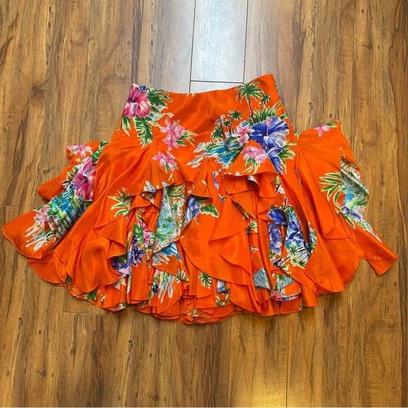Vintage Ralph Lauren Layered Ruffle 100% Silk Tropical Floral Skirt Size 2 - Picture 8 of 16